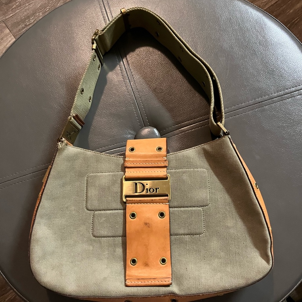 Dior Columbus Olive Green Canvas Shoulder Bag with Tan Leather Trim